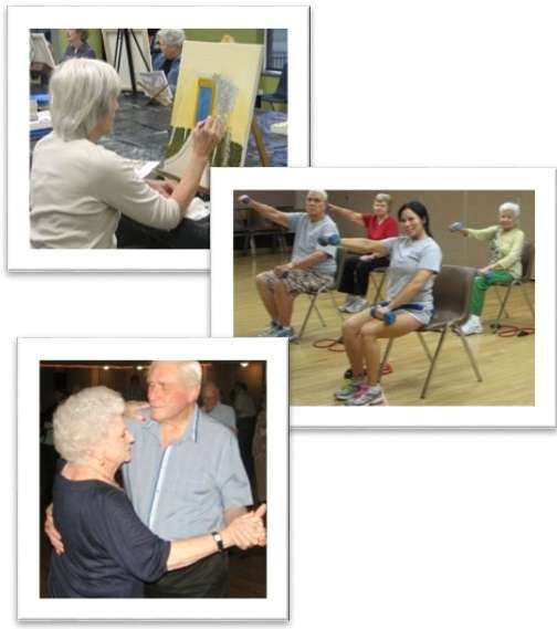 a collage of images showing seniors enjoying recreation at senior centers