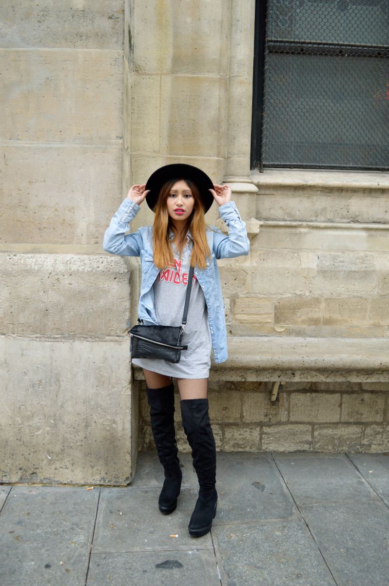 denim shirt with boots over the knee fashion blog 