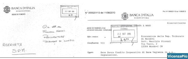 Protocolli busta e lettera s.p.m. di Bankitalia a Procura di Cuneo