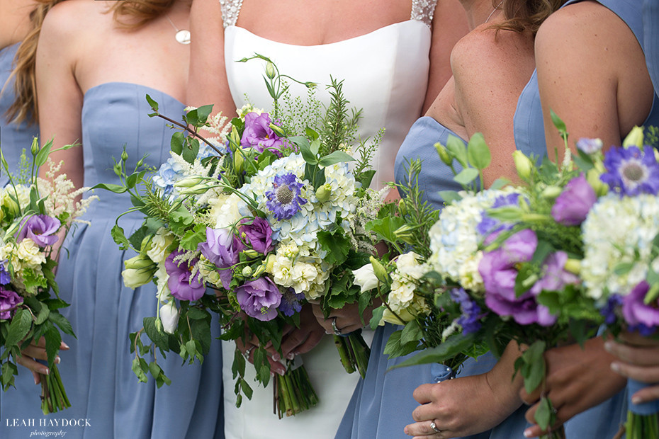 Cornflower blue JCrew bridesmaid dresses with bouquets