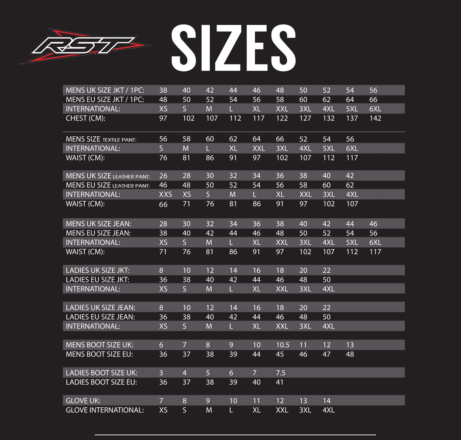 One Piece Leathers Size Chart