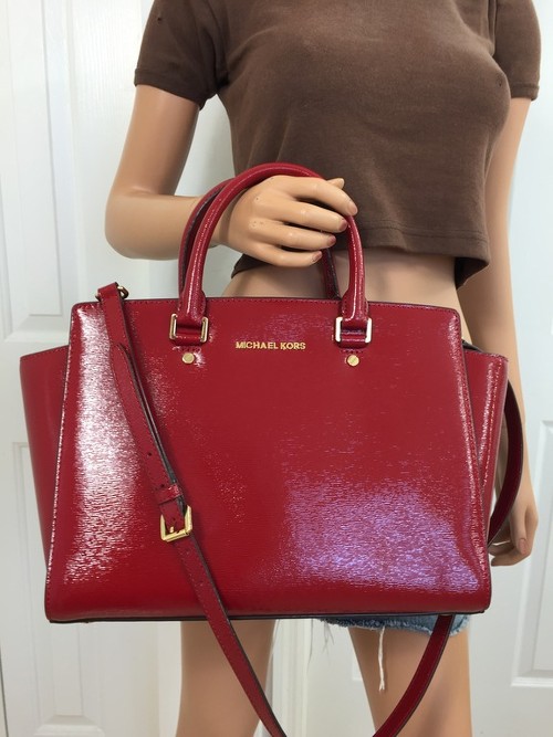 Michael kors Selma Large Patent Leather Satchel Shoulder Handbag Purse Bag Red | eBay
