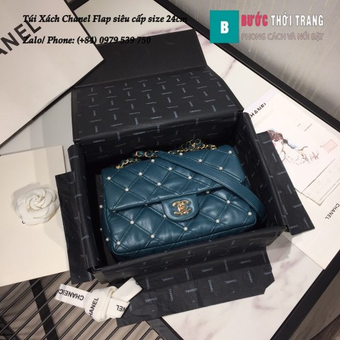 Túi Xách Chanel Flap bag gắn hạt siêu cấp da cừu màu xanh 24cm - AS1202