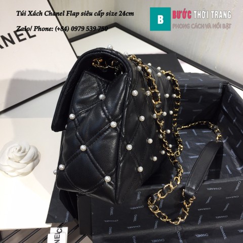 Túi Xách Chanel Flap bag gắn hạt siêu cấp da cừu màu đen 24cm - AS1202