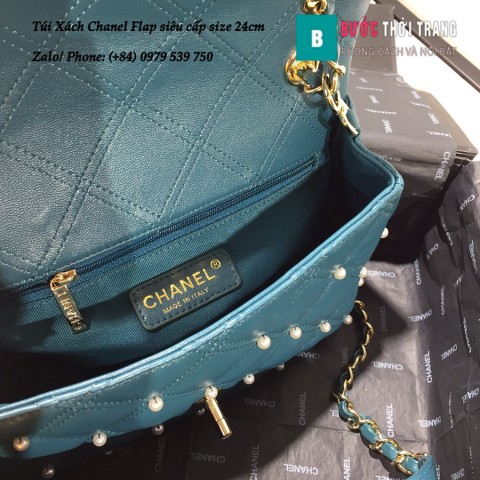 Túi Xách Chanel Flap bag gắn hạt siêu cấp da cừu màu xanh 24cm - AS1202