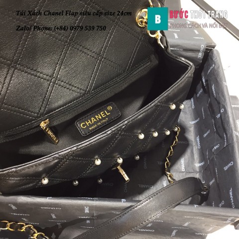 Túi Xách Chanel Flap bag gắn hạt siêu cấp da cừu màu đen 24cm - AS1202