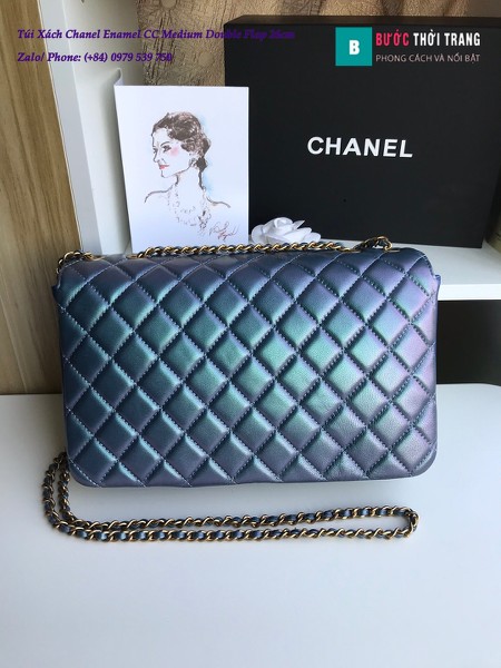 Túi Xách Chanel Enamel CC Medium Double Flap da cừu màu blue 26cm - A57276