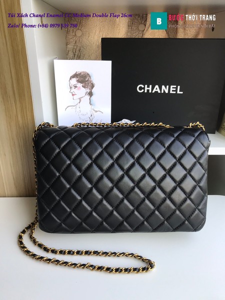 Túi Xách Chanel Enamel CC Medium Double Flap da cừu màu đen 26cm - A57276