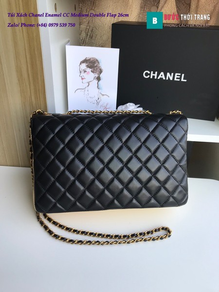 Túi Xách Chanel Enamel CC Medium Double Flap da cừu màu đen vàng 26cm - A57276