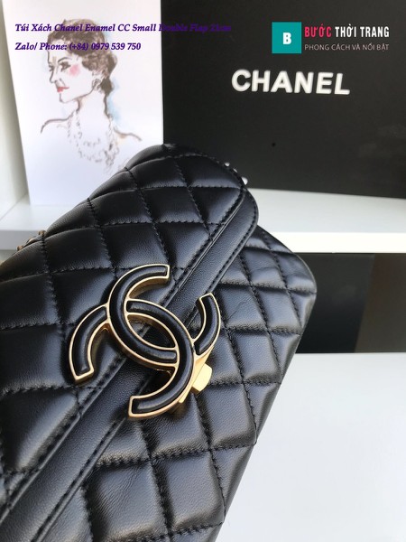 Túi Xách Chanel Enamel CC Small Double Flap da cừu màu đen 21cm - A57275