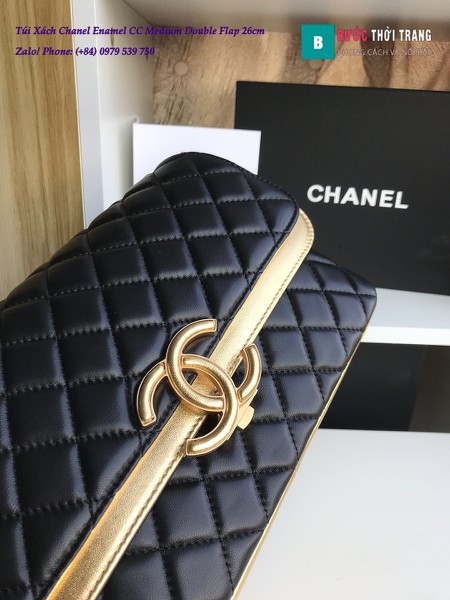 Túi Xách Chanel Enamel CC Medium Double Flap da cừu màu đen vàng 26cm - A57276
