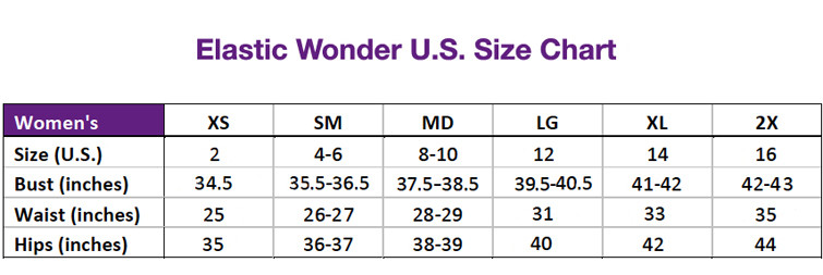 Elastic Wonder size chart in inches and centimeters as well as international size chart conversion